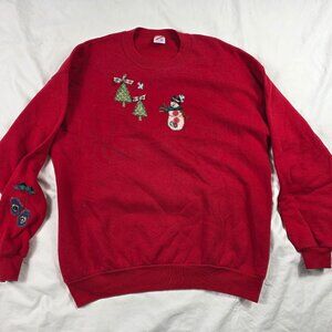 Vintage Jerzees XL Adults Red Snowman Tree Holiday Sweatshirt Christmas Sweater